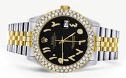 Diamond Gold Rolex Watch For Men 16233 | 36Mm | Black Arabic Diamond Dial | Two Row 4.25 Carat Bezel | Jubilee Band