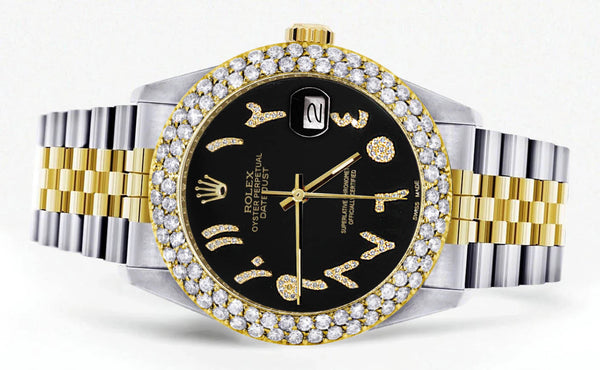 Diamond Gold Rolex Watch For Men 16233 | 36Mm | Black Arabic Diamond Dial | Two Row 4.25 Carat Bezel | Jubilee Band