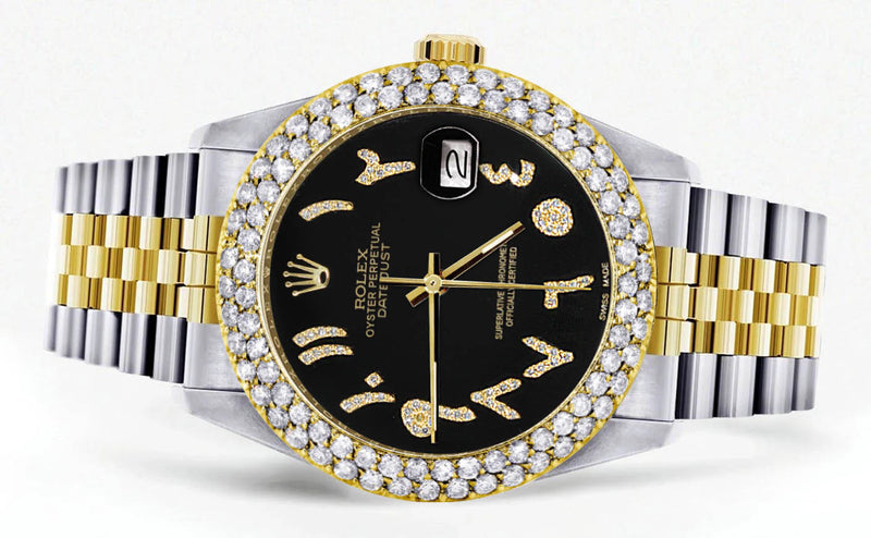 Diamond Gold Rolex Watch For Men 16233 | 36Mm | Black Arabic Diamond Dial | Two Row 4.25 Carat Bezel | Jubilee Band