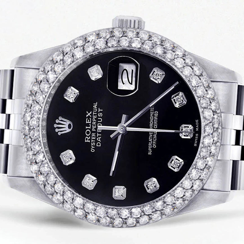 Womens Rolex Datejust Watch 16200 | 36Mm | Black Dial | Two Row 4.25 Carat Bezel | Jubilee Band