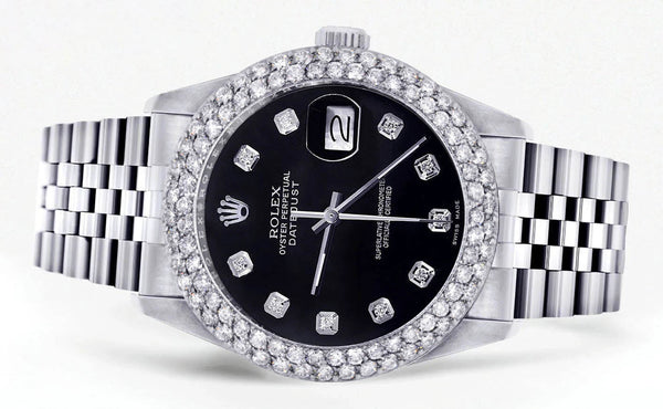 Womens Rolex Datejust Watch 16200 | 36Mm | Black Dial | Two Row 4.25 Carat Bezel | Jubilee Band