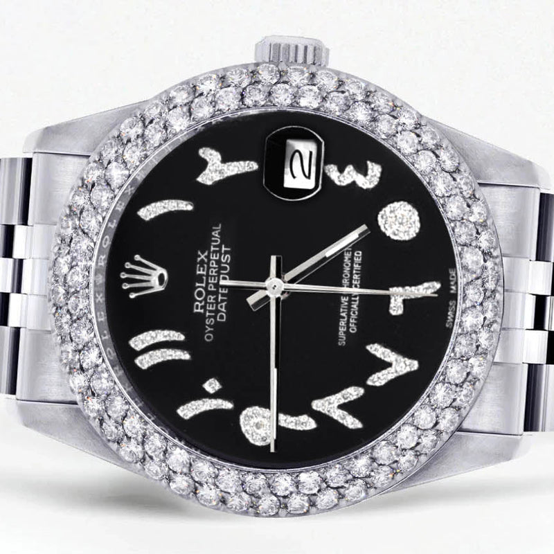 Womens Rolex Datejust Watch 16200 | 36Mm | Black Arabic Diamond Dial | Two Row 4.25 Carat Bezel | Jubilee Band