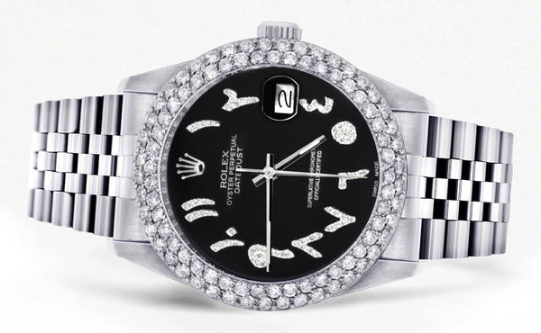 Womens Rolex Datejust Watch 16200 | 36Mm | Black Arabic Diamond Dial | Two Row 4.25 Carat Bezel | Jubilee Band