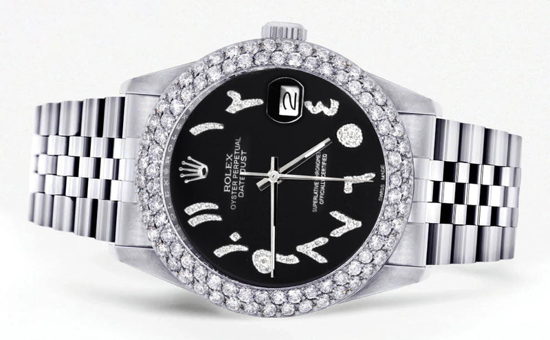 Womens Rolex Datejust Watch 16200 | 36Mm | Black Arabic Diamond Dial | Two Row 4.25 Carat Bezel | Jubilee Band