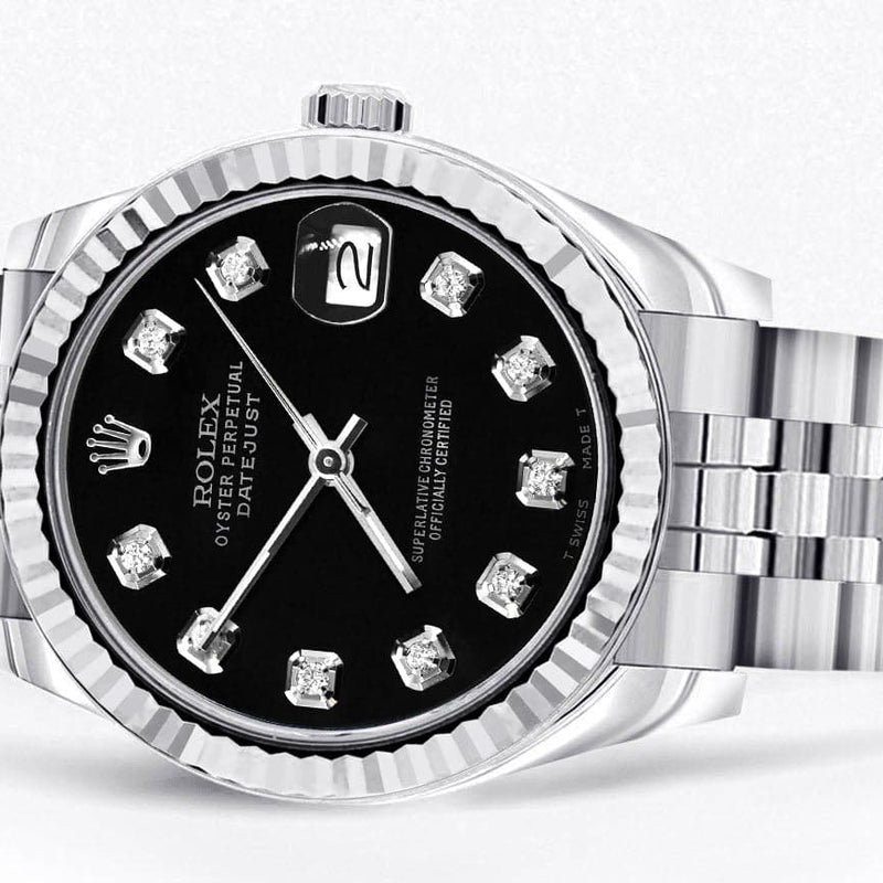 Diamond Rolex Watch | 68274 | Fluted Bezel | 31MM | Black Diamond Dial | Jubilee Band