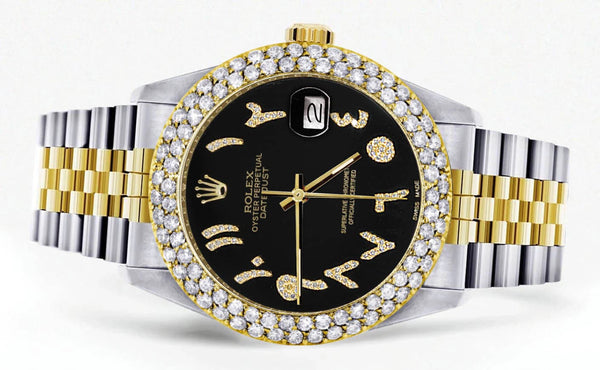 Diamond Gold Rolex Watch For Women 16233 | 36Mm | Black Arabic Diamond Dial | Two Row 4.25 Carat Bezel | Jubilee Band