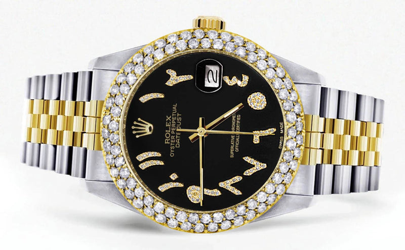 Diamond Gold Rolex Watch For Women 16233 | 36Mm | Black Arabic Diamond Dial | Two Row 4.25 Carat Bezel | Jubilee Band