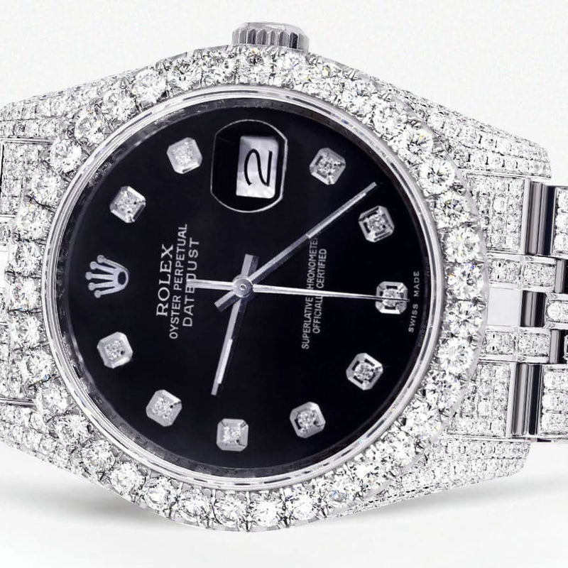 Iced Out Rolex Datejust 36 MM | Stainless Steel | 16.5 Carats of Diamonds | Black Dial | Jubilee Band | Model 116200