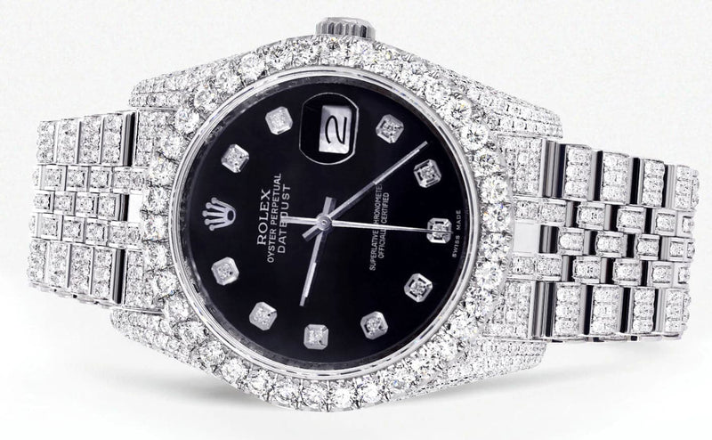 Iced Out Rolex Datejust 36 MM | Stainless Steel | 16.5 Carats of Diamonds | Black Dial | Jubilee Band | Model 116200