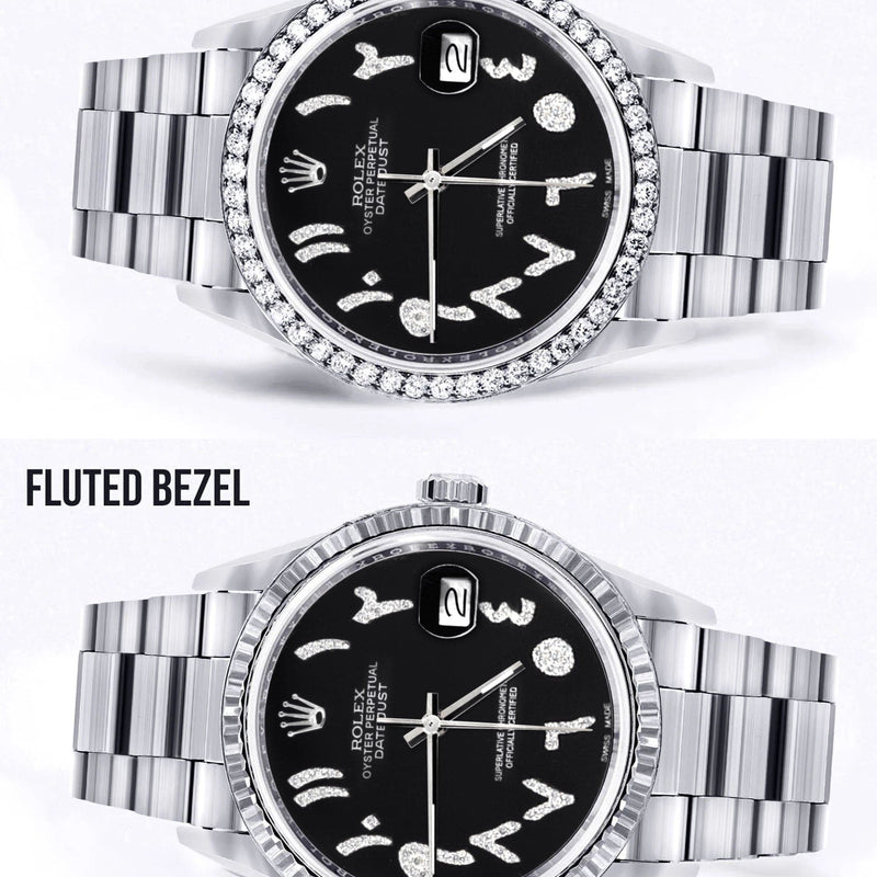 Diamond Mens  Rolex Datejust Watch 16200 | 36Mm | Black Arabic Diamond Dial | Oyster Band