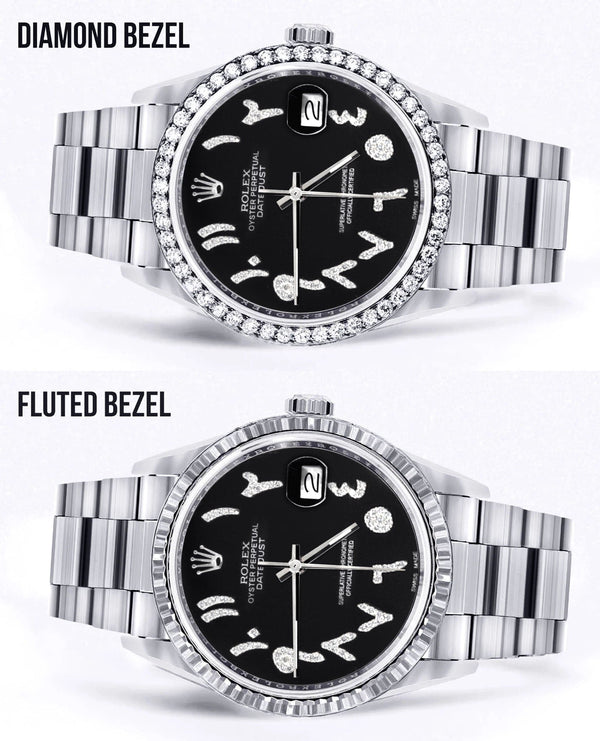 Diamond Mens  Rolex Datejust Watch 16200 | 36Mm | Black Arabic Diamond Dial | Oyster Band