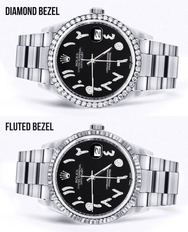 Diamond Mens  Rolex Datejust Watch 16200 | 36Mm | Black Arabic Diamond Dial | Oyster Band