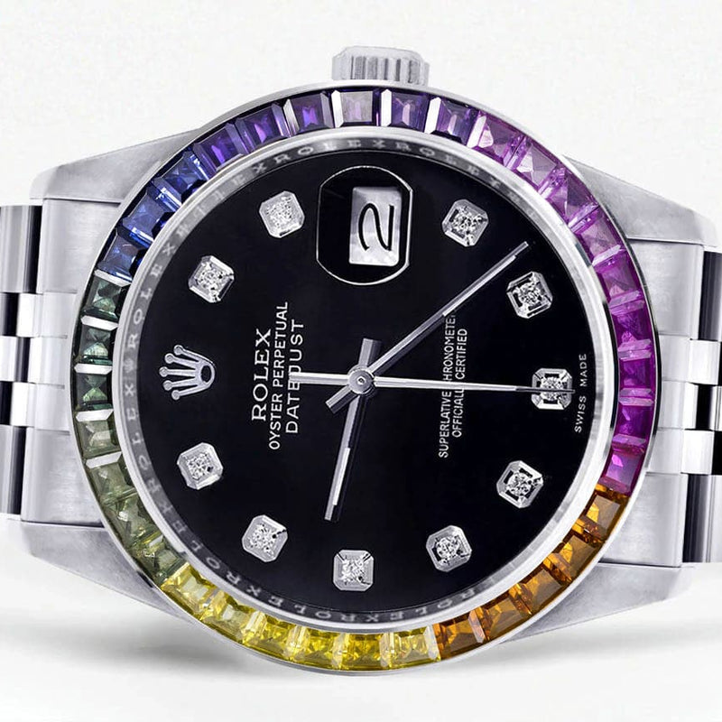 Diamond Gold Rolex Watch For Men 16200 | 36Mm | Rainbow Sapphire Bezel | Black Dial | Jubilee Band