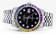 Diamond Gold Rolex Watch For Men 16200 | 36Mm | Rainbow Sapphire Bezel | Black Dial | Jubilee Band
