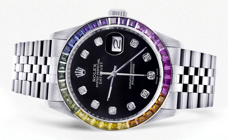 Diamond Gold Rolex Watch For Men 16200 | 36Mm | Rainbow Sapphire Bezel | Black Dial | Jubilee Band