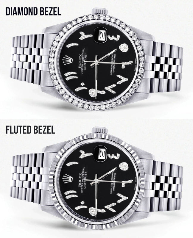 Diamond Mens Rolex Datejust Watch 16200 | 36Mm | Black Arabic Diamond Dial | Jubilee Band