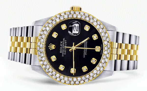 Diamond Gold Rolex Watch For Men 16233 | 36Mm | Black Dial | Two Row 4.25 Carat Bezel | Jubilee Band