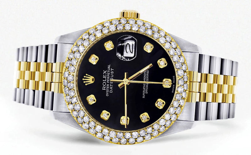Diamond Gold Rolex Watch For Men 16233 | 36Mm | Black Dial | Two Row 4.25 Carat Bezel | Jubilee Band