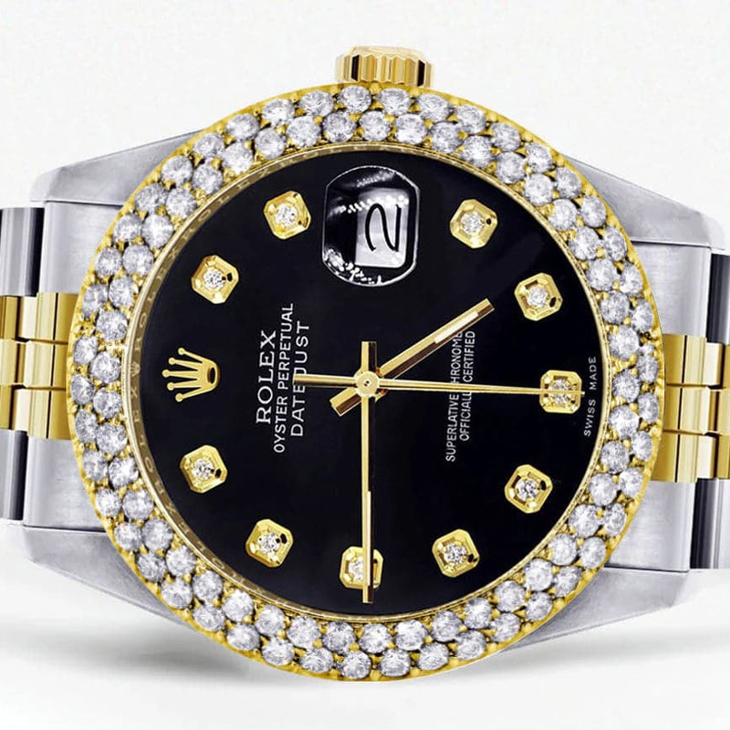 Diamond Gold Rolex Watch For Women 16233 | 36Mm | Black Dial | Two Row 4.25 Carat Bezel | Jubilee Band