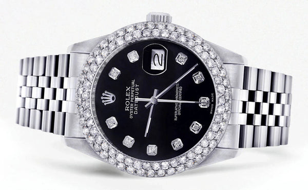Mens Rolex Datejust Watch 16200 | 36Mm | Black Dial | Two Row 4.25 Carat Bezel | Jubilee Band