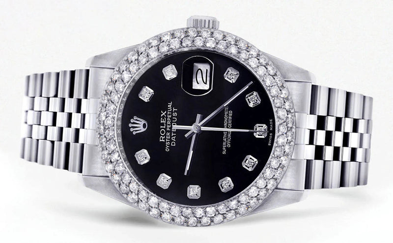 Mens Rolex Datejust Watch 16200 | 36Mm | Black Dial | Two Row 4.25 Carat Bezel | Jubilee Band