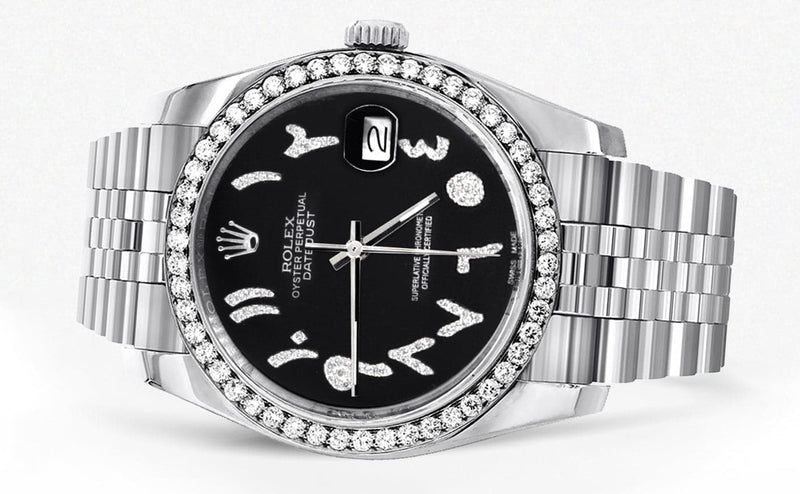 116200 | Hidden Clasp | Diamond Rolex Datejust Watch | 36Mm | Black Arabic Diamond Dial | Jubilee Band