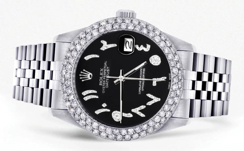 Mens Rolex Datejust Watch 16200 | 36Mm | Black Arabic Diamond Dial | Two Row 4.25 Carat Bezel | Jubilee Band
