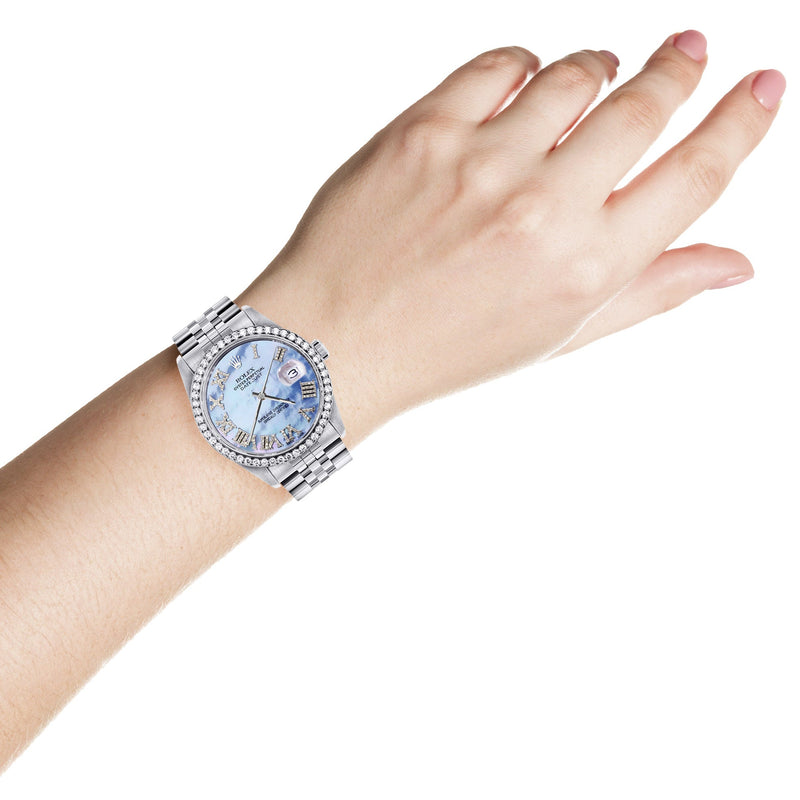 Womens Rolex Datejust Watch 16200 | 36Mm | Blue Mother Of Pearl Roman Numeral Dial | Jubilee Band