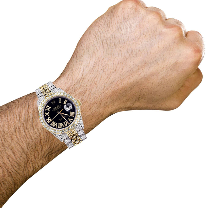 Iced Out Rolex Datejust 36 MM | Two Tone | 10 Carats of Diamonds | Black Roman Diamond Dial