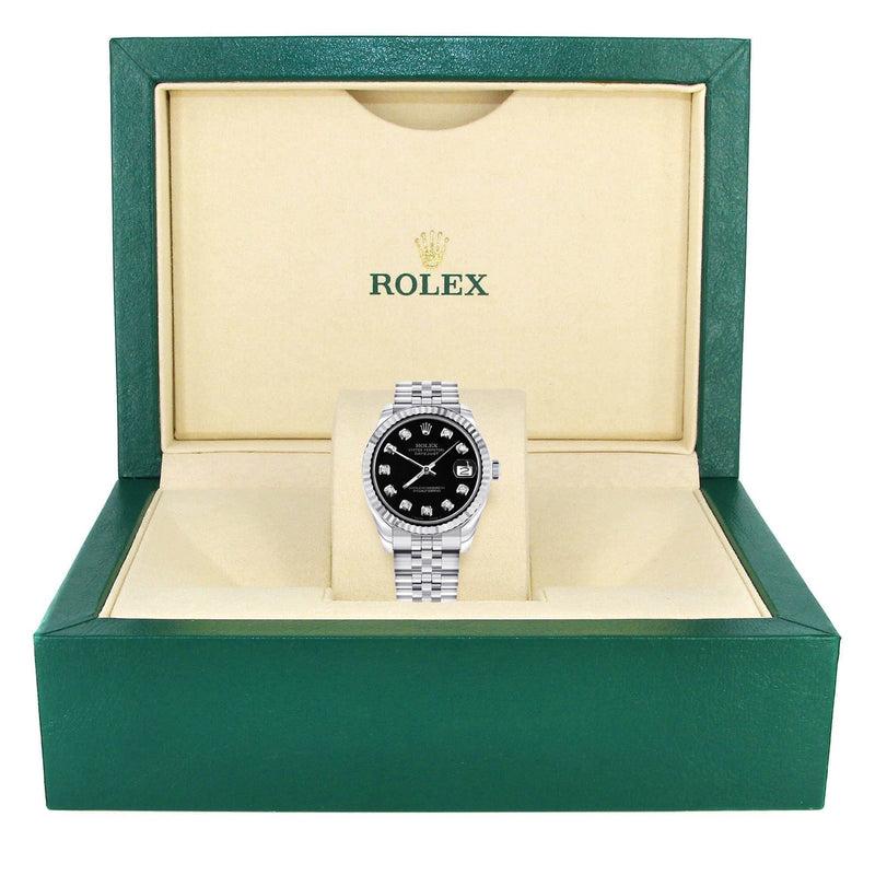 Diamond Rolex Watch | 68274 | Fluted Bezel | 31MM | Black Diamond Dial | Jubilee Band