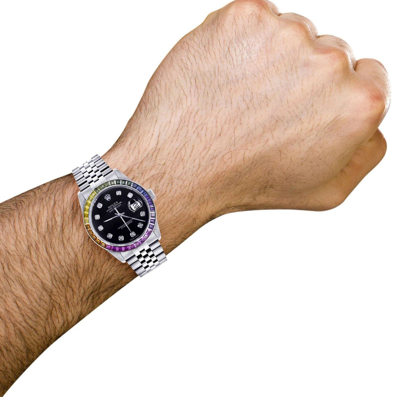 Diamond Gold Rolex Watch For Men 16200 | 36Mm | Rainbow Sapphire Bezel | Black Dial | Jubilee Band