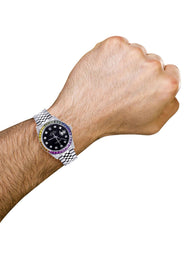 Diamond Gold Rolex Watch For Men 16200 | 36Mm | Rainbow Sapphire Bezel | Black Dial | Jubilee Band