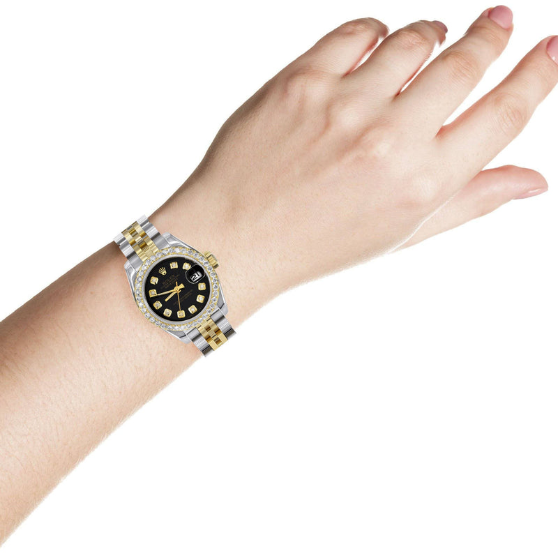 Womens Diamond Gold Hidden Clasp Rolex Watch | 1 Carat Bezel | 26Mm | Black Dial | Jubilee Band | Model 179173