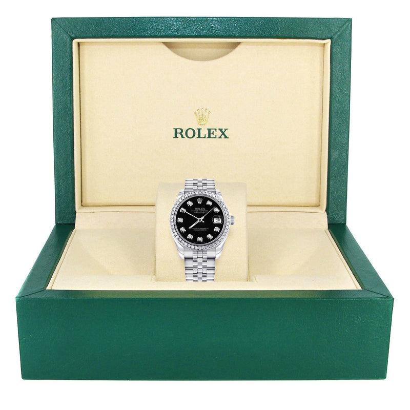 Diamond Rolex Watch | 68274 | Diamond Bezel | 31MM | Black Diamond Dial | Jubilee Band
