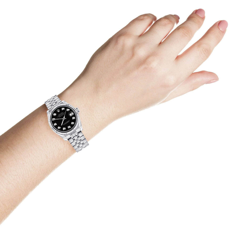 Diamond Rolex Watch | 68274 | Fluted Bezel | 31MM | Black Diamond Dial | Jubilee Band