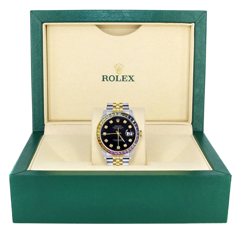 Diamond Gold Rolex Watch For Men 16233 | 36Mm | Rainbow Sapphire Bezel | Black Dial | Jubilee Band