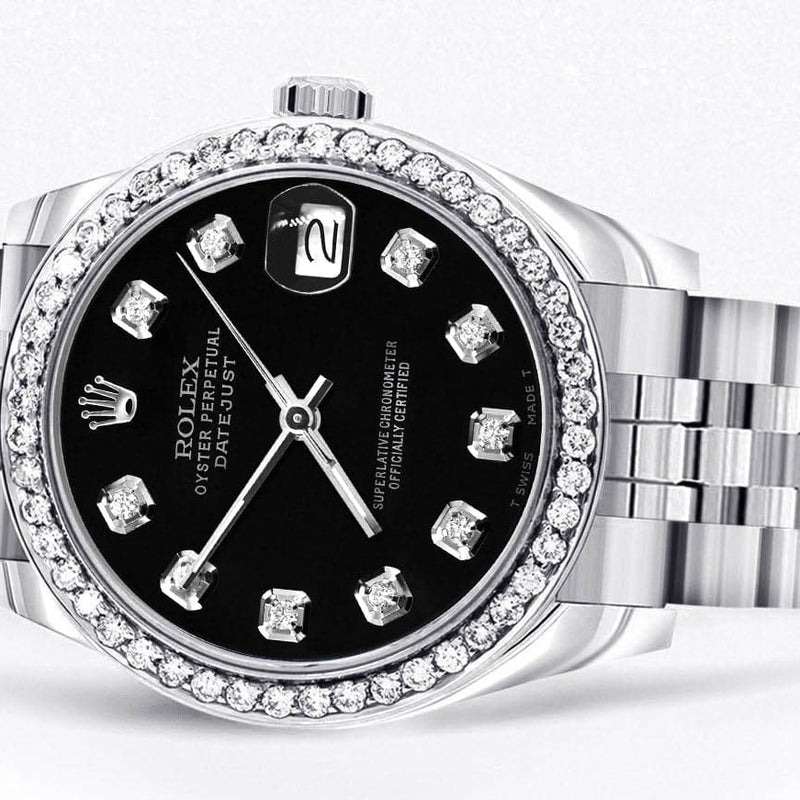 Diamond Rolex Watch | 68274 | Diamond Bezel | 31MM | Black Diamond Dial | Jubilee Band