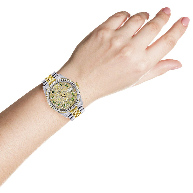 Womens Diamond Gold Rolex Watch 16233 | 36Mm | Custom Green Arabic Full Diamond Dial | Jubilee Band