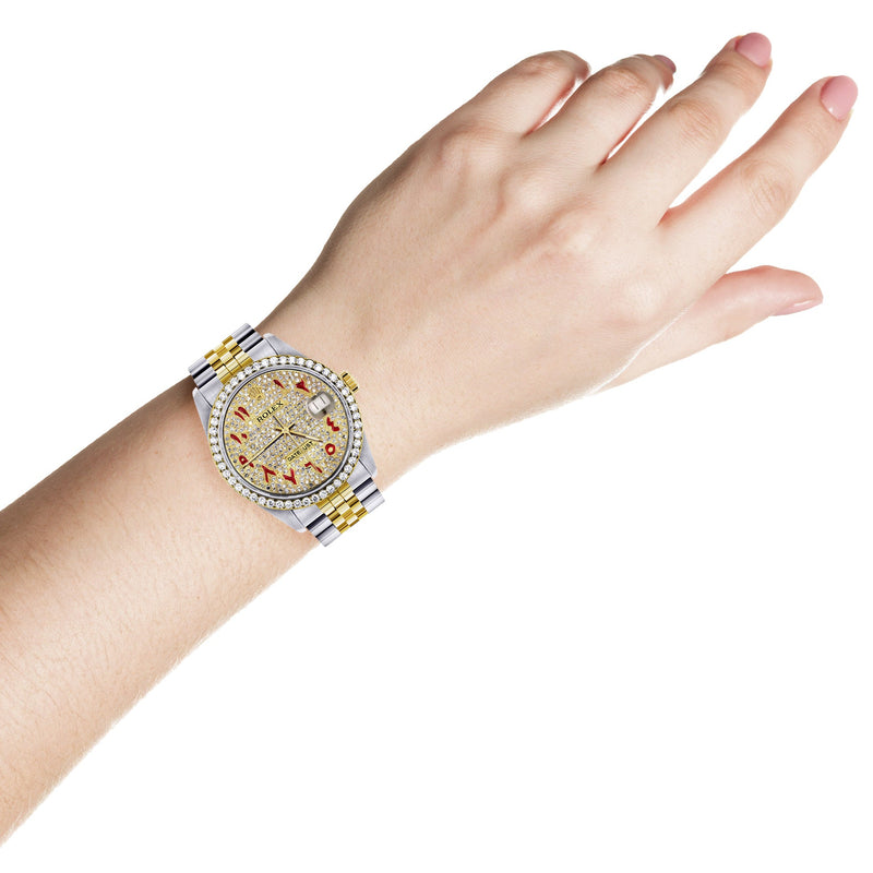Womens Gold Rolex Watch 16233 | 36Mm | Custom Red Arabic Full Diamond Dial | Jubilee Band