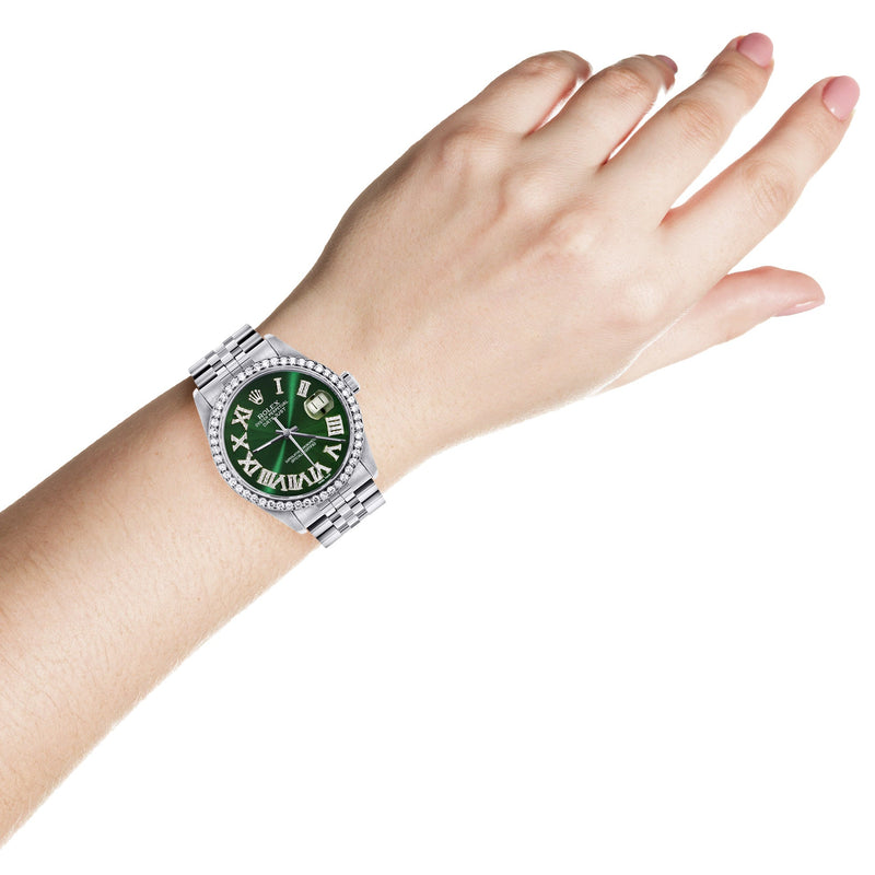 Womens Rolex Datejust Watch 16200 | 36Mm | Custom Green Roman Numeral Dial | Jubilee Band