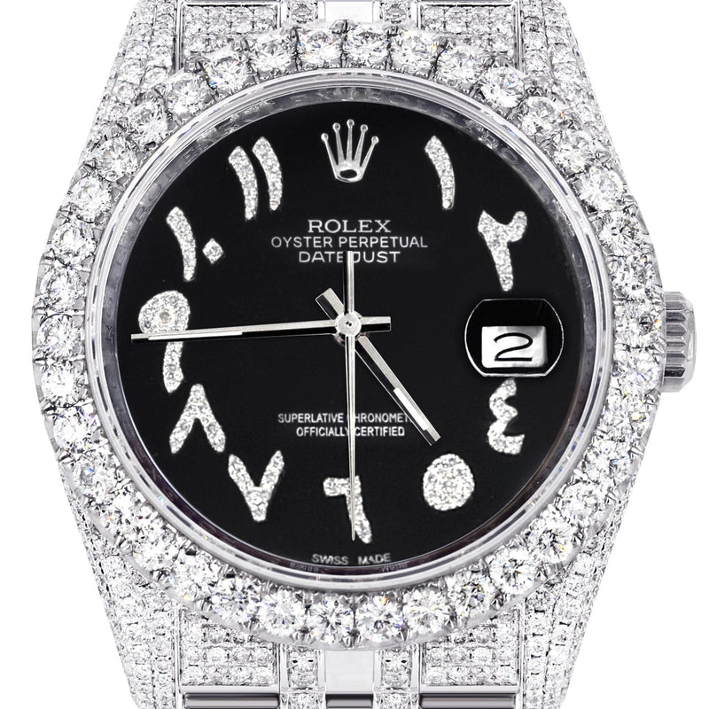 Iced Out Rolex Datejust 36 MM | Stainless Steel | 10 Carats of Diamonds | Black Arabic Diamond Dial | Jubilee Band