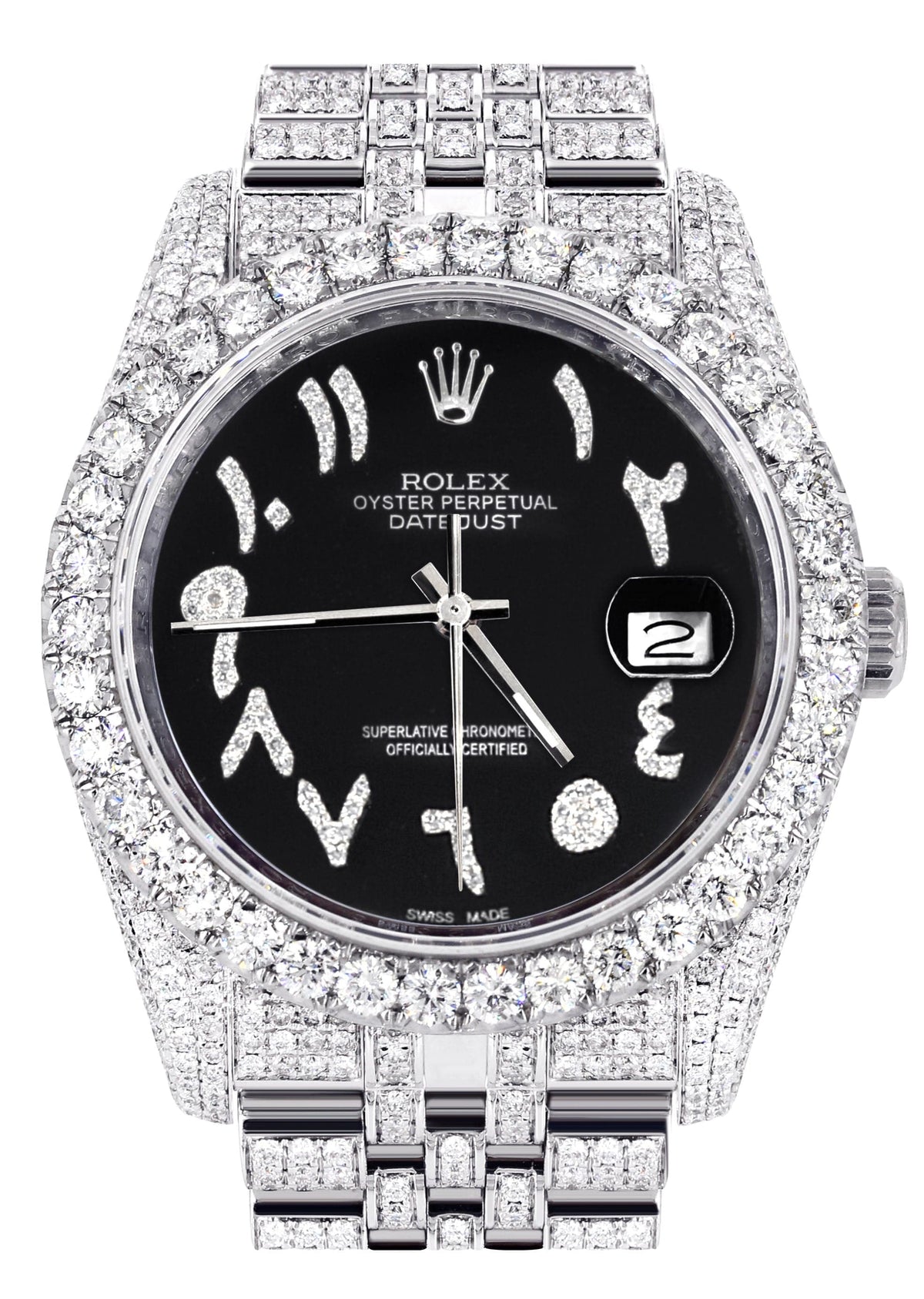 Iced Out Rolex Datejust 36 MM | Stainless Steel | 10 Carats of Diamonds | Black Arabic Diamond Dial | Jubilee Band