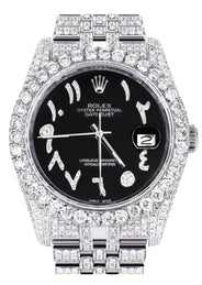 Iced Out Rolex Datejust 36 MM | Stainless Steel | 10 Carats of Diamonds | Black Arabic Diamond Dial | Jubilee Band