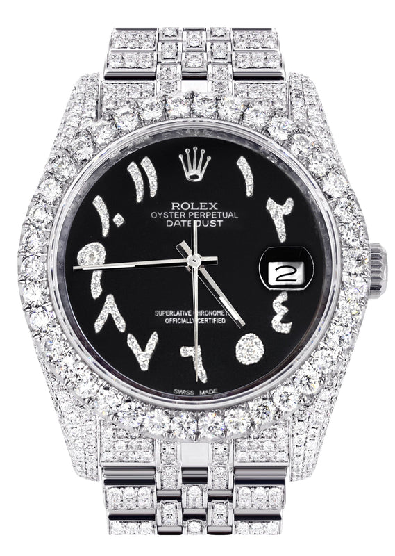 Iced Out Rolex Datejust 36 MM | Stainless Steel | 10 Carats of Diamonds | Black Arabic Diamond Dial | Jubilee Band