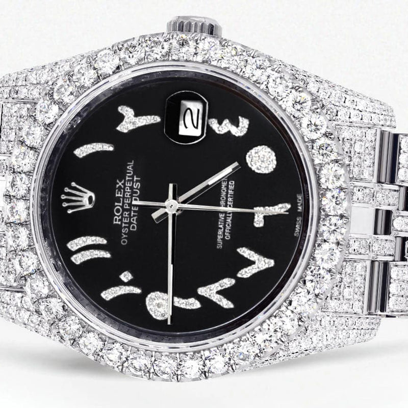 Iced Out Rolex Datejust 36 MM | Stainless Steel | 10 Carats of Diamonds | Black Arabic Diamond Dial | Jubilee Band