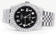 Iced Out Rolex Datejust 36 MM | Stainless Steel | 10 Carats of Diamonds | Black Arabic Diamond Dial | Jubilee Band