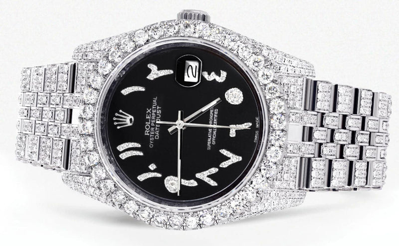 Iced Out Rolex Datejust 36 MM | Stainless Steel | 10 Carats of Diamonds | Black Arabic Diamond Dial | Jubilee Band