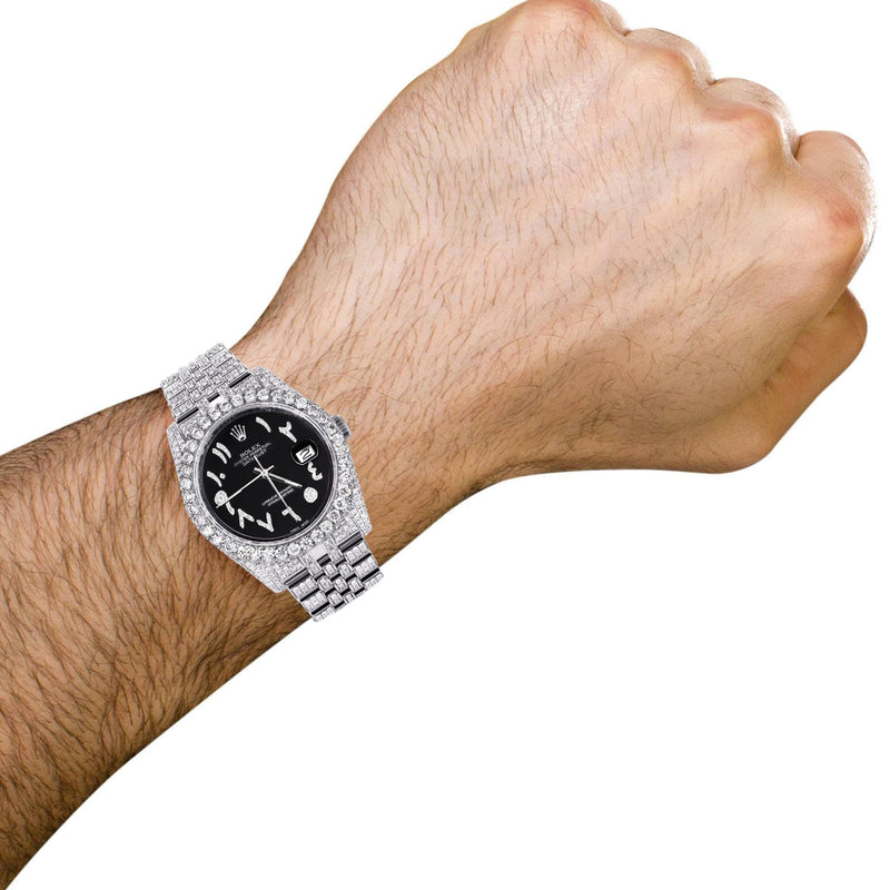 Iced Out Rolex Datejust 36 MM | Stainless Steel | 10 Carats of Diamonds | Black Arabic Diamond Dial | Jubilee Band