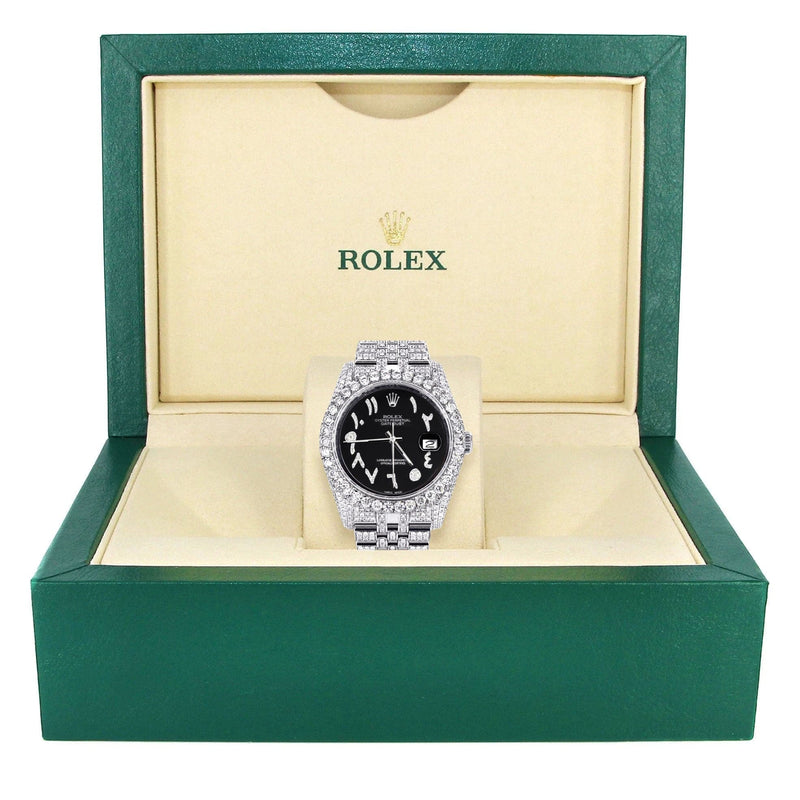 Iced Out Rolex Datejust 36 MM | Stainless Steel | 10 Carats of Diamonds | Black Arabic Diamond Dial | Jubilee Band