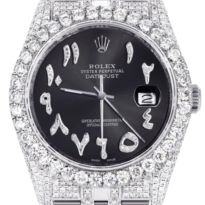 Iced Out Rolex Datejust 36 MM | Stainless Steel | 16.5 Carats of Diamonds | Graphite Arabic Diamond Dial | Jubilee Band | Model 116200